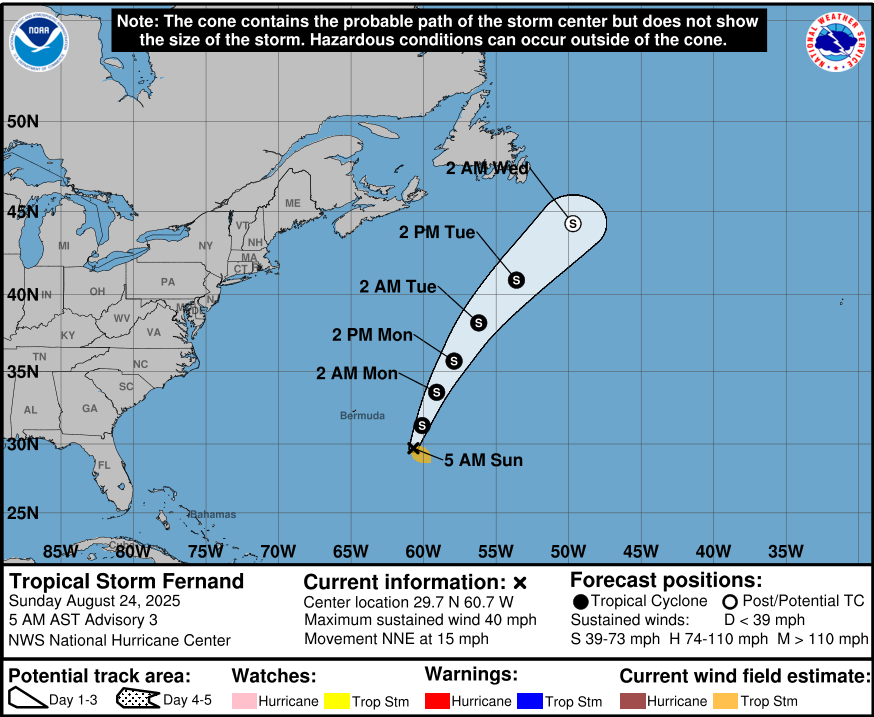 Tropical Storm Fernand moving northeast in the Atlantic. See path tracker