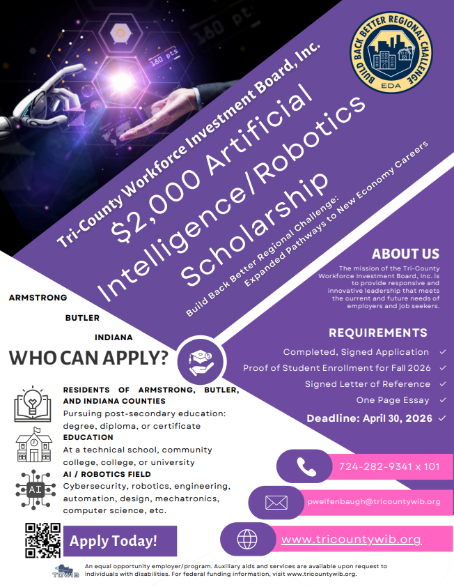 Tri-County Workforce announces scholarships open for artificial intelligence or robotics