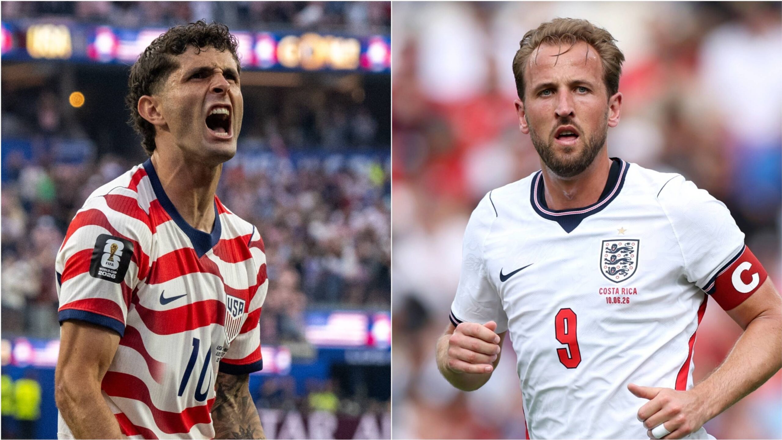 Christian Pulisic (left) and Harry Kane (right) would have to lead their teams deep into the tournament to meet.