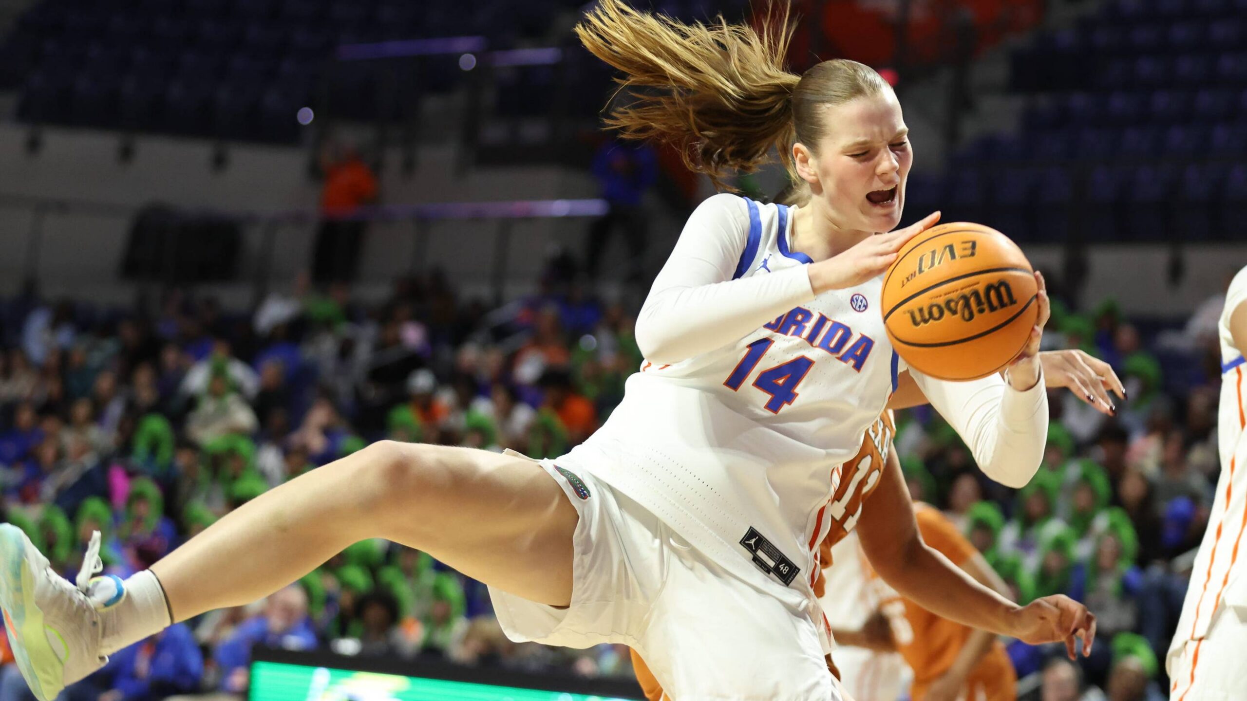 Florida forward Caterina Piatti (14) rebounds during the second half of an NCAA women’s basketball game at Steven C. O’Connell Center Exactek arena in Gainesville, FL on Thursday, January 29, 2026. Texas beat Florida 88-68. [Alan Youngblood/Gainesville Sun]