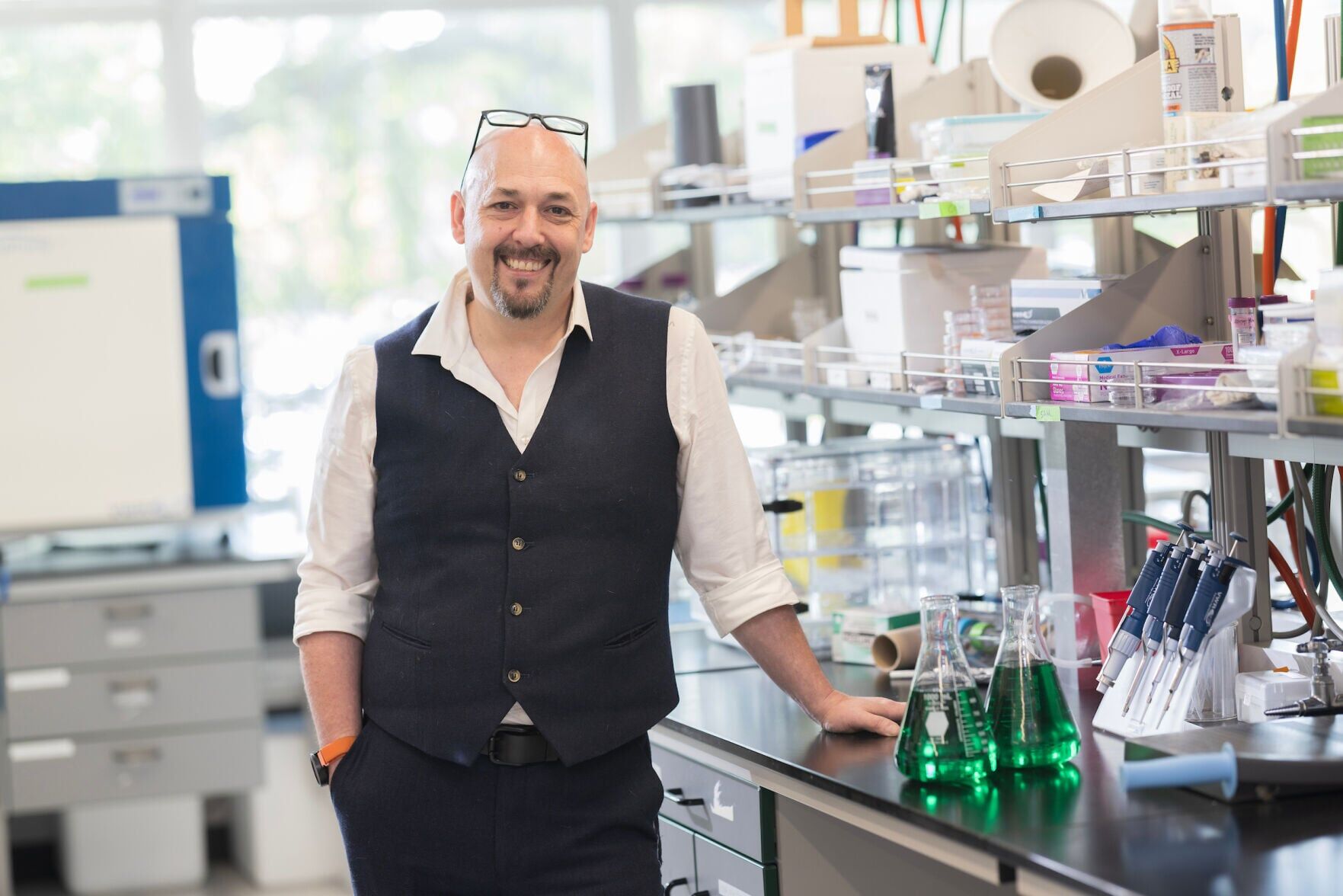Guy German, Associate Professor/Graduate Program Director of Biomedical Engineering at the Thomas J. Watson College of Engineering and Applied Science, photographed at his laboratory in the Biotechnol