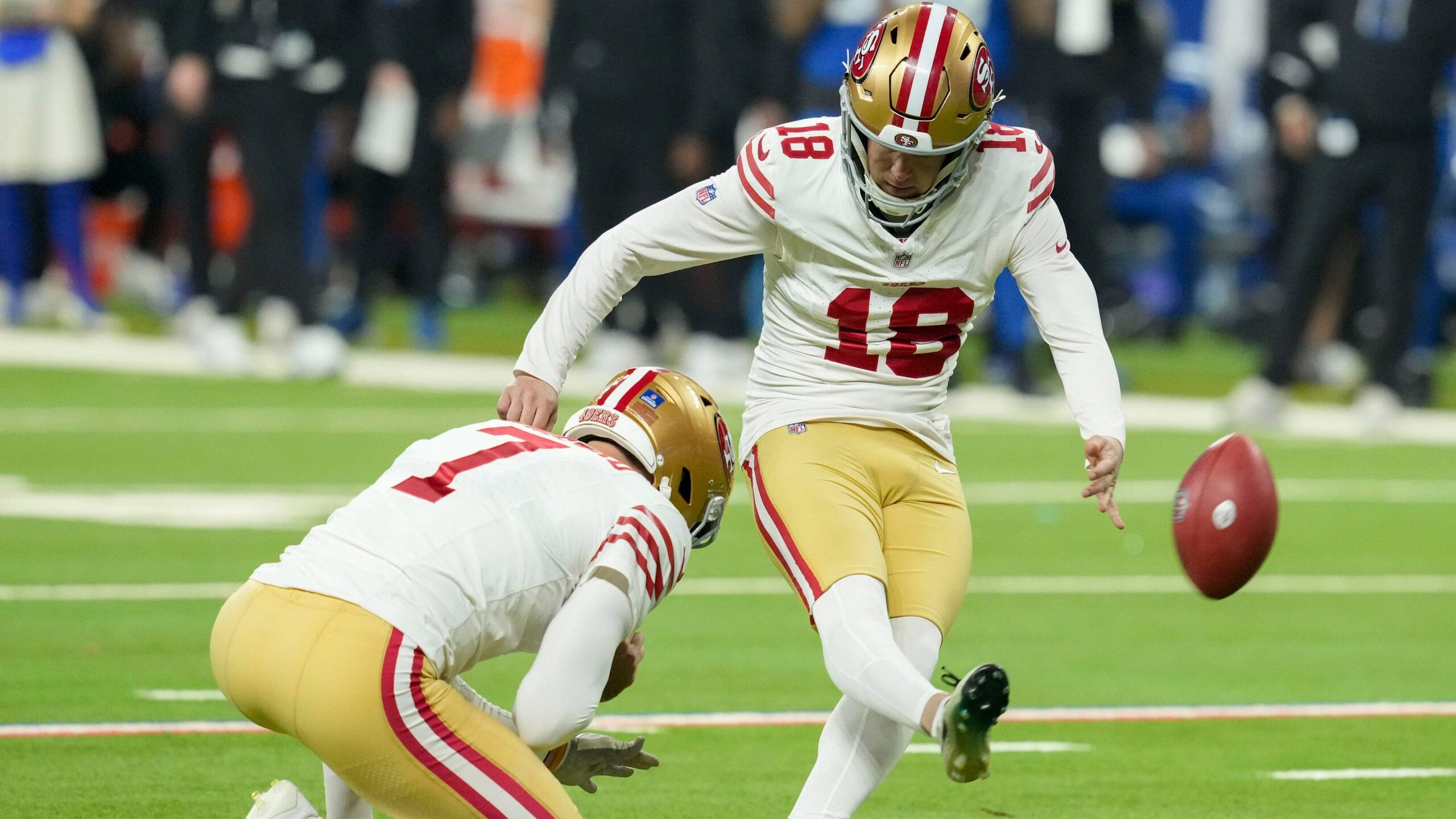 San Francisco 49ers kicker Eddy Pineiro (18) kicks a field goal Monday, Dec. 22, 2025, during a game against the Indianapolis Colts at Lucas Oil Stadium in Indianapolis.